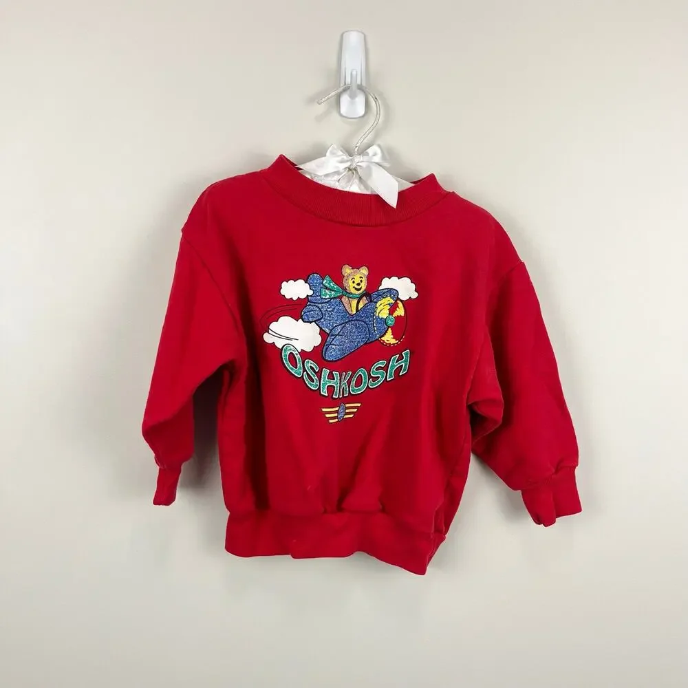Vintage OshKosh B'gosh Red Pudgy Plane Teddy Bear Sweatshirt 2T